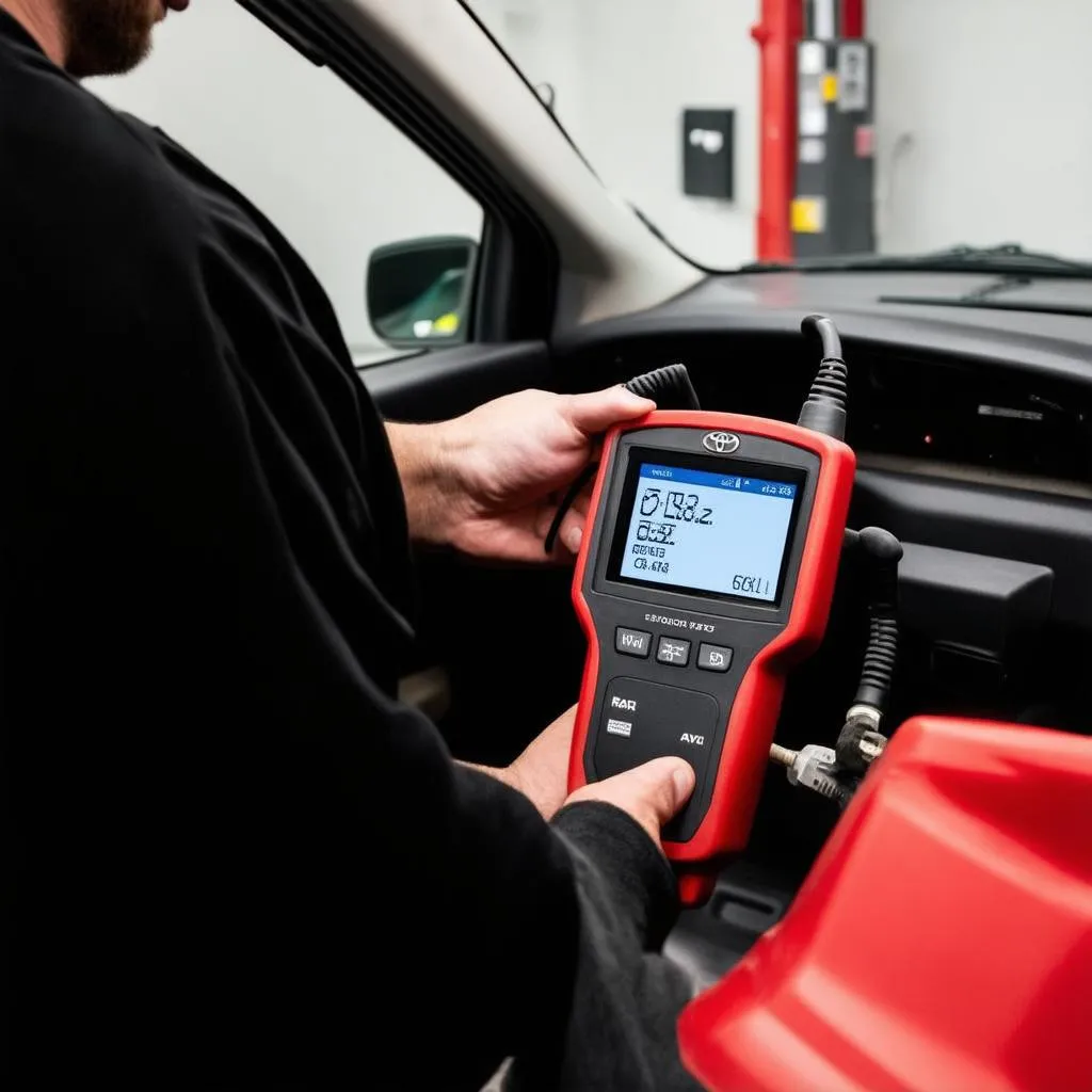 Mechanic using obd2 scanner on a toyota rav4